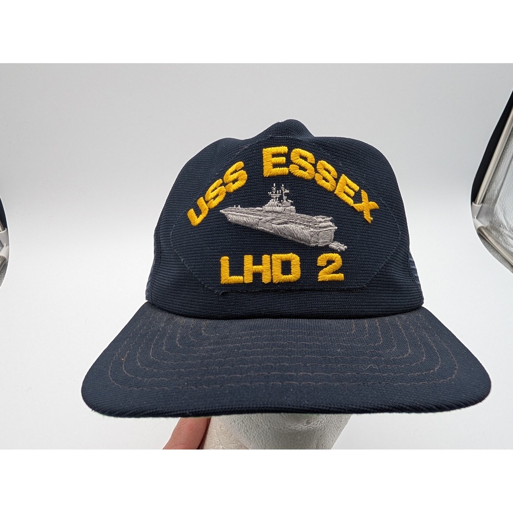 Vintage USS Essex LHD 2 Trucker Hat Navy Blue Mesh Snapback Made USA Navy Ship